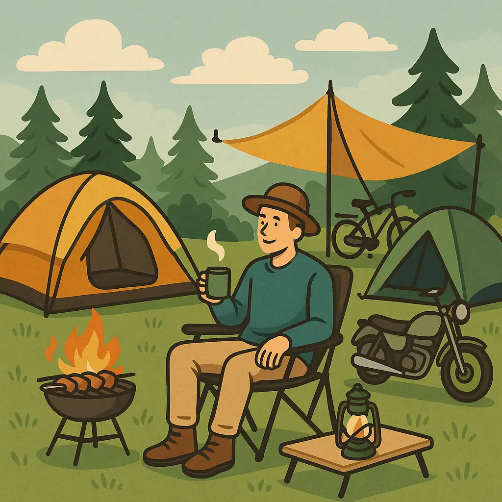 ソロキャンパーが椅子に座ってコーヒーを楽しむイラスト。周囲にはテント、タープ、バイク、ランタン、小型グリルなどのギアが配置され、森林と青空を背景にした穏やかなキャンプ風景。