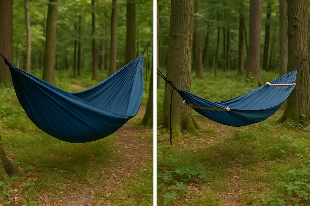 左右に分割された比較写真。左は標準幅のハンモックでコンパクトに見える。右はワイド幅のハンモックで布が広がり、斜めに寝やすい形。どちらも林間に設営された写真風イメージ（文字なし）