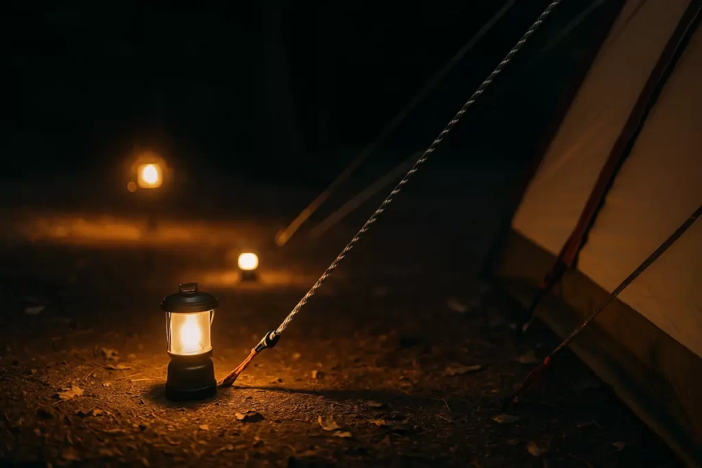 夜のキャンプサイト。テント横の地面に小型ランタンが置かれ、ペグやロープを照らしている。奥にも複数の灯りが並び、足元に連続する弱い光の導線が浮かび上がっている。