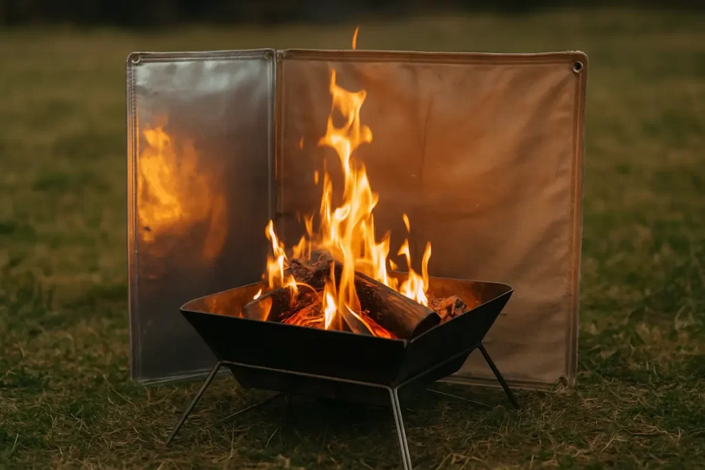 芝生の上に置かれた焚き火台で薪が燃え、その背後に金属と帆布を組み合わせたリフレクターが立てられている横長の写真。焚き火の炎が反射板に映り込み、暖かさを返す様子が表現されている。