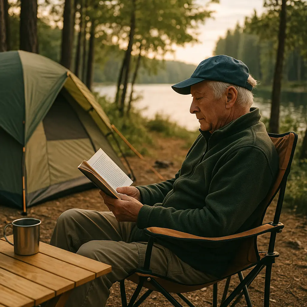 湖畔近くの木陰で、年配の男性がキャンプチェアに座りながら読書をしている様子。周囲は緑に囲まれ、穏やかな昼下がりの雰囲気が広がる。テーブルの上には飲み物とランタンが置かれている。