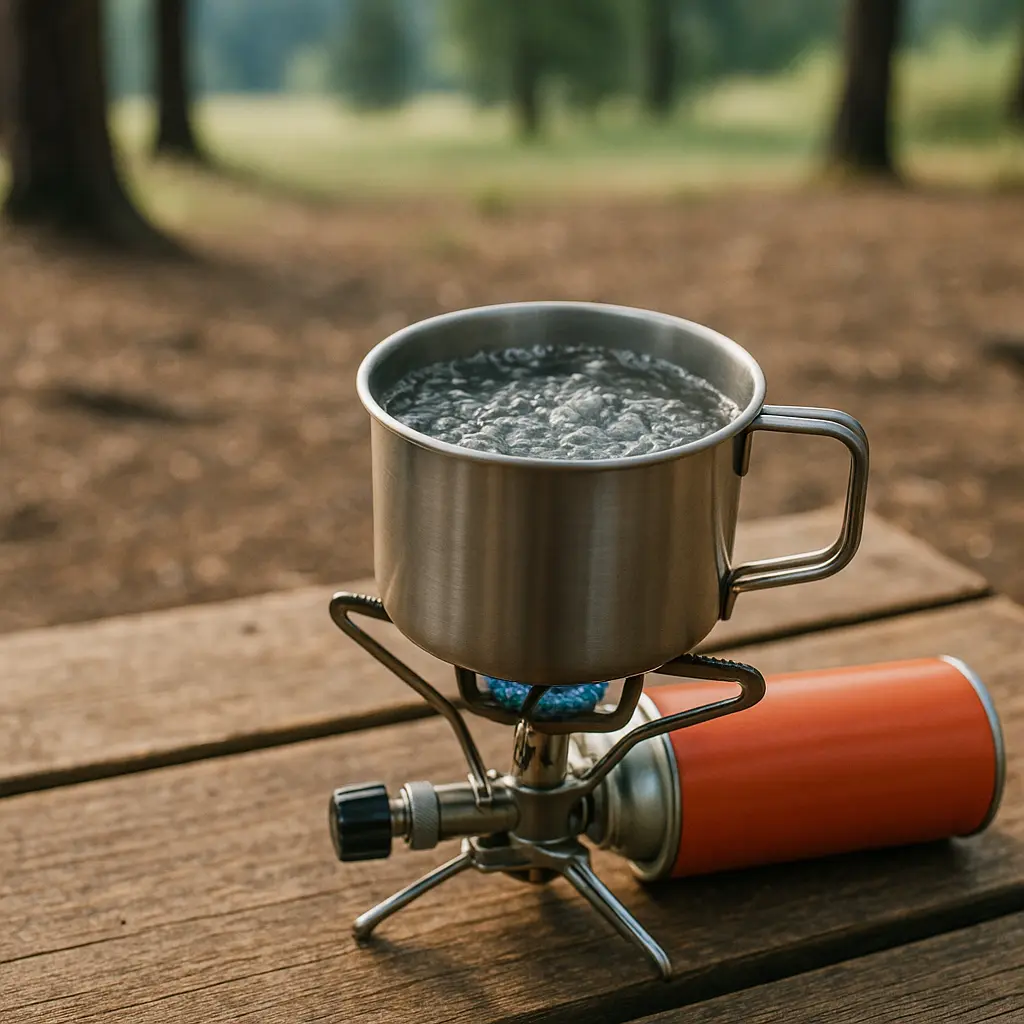 屋外のキャンプシーンで、シングルバーナーを使用して金属製のクッカーでお湯を沸かしている様子。背景には自然の風景が広がり、静かな雰囲気の中で調理が行われている