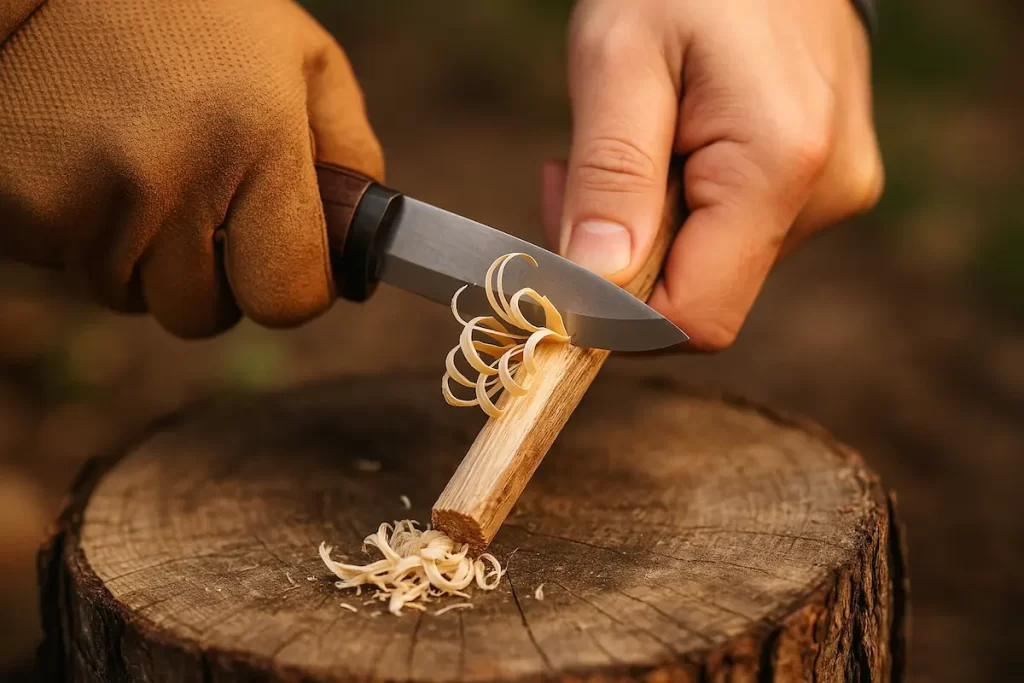 ナイフを寝かせて薄い羽毛状カールを作る様子