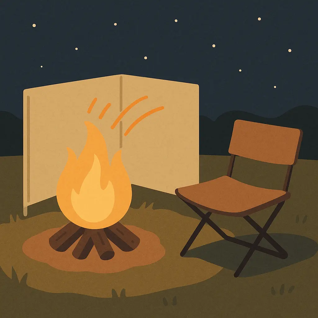 夜のキャンプ場で、焚き火台の背後に折りたたみ式のリフレクターを設置し、その前にキャンプチェアが置かれているシンプルなイラスト。焚き火の炎が反射板に映り、周囲を暖める様子を表現。