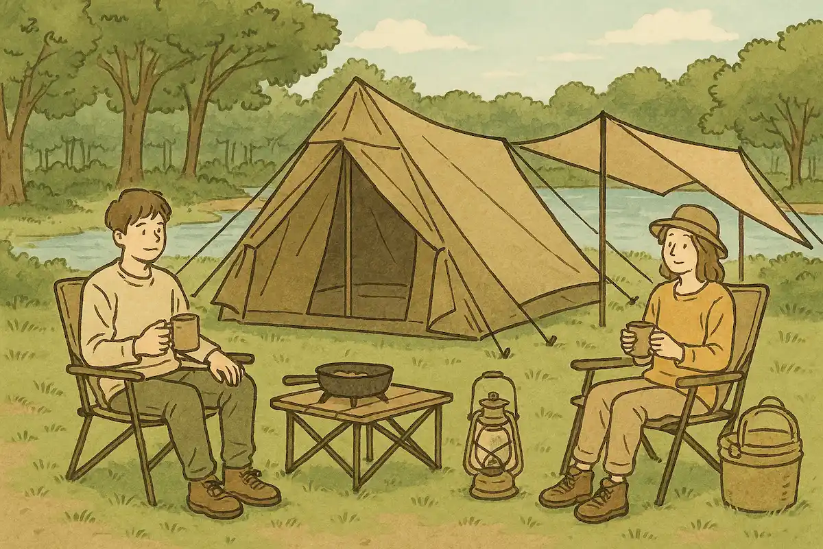 湖畔の森で連泊キャンプを楽しむ男女。タープとテントを張り、椅子に座ってマグカップを手に寛ぐ様子を描いたイラスト