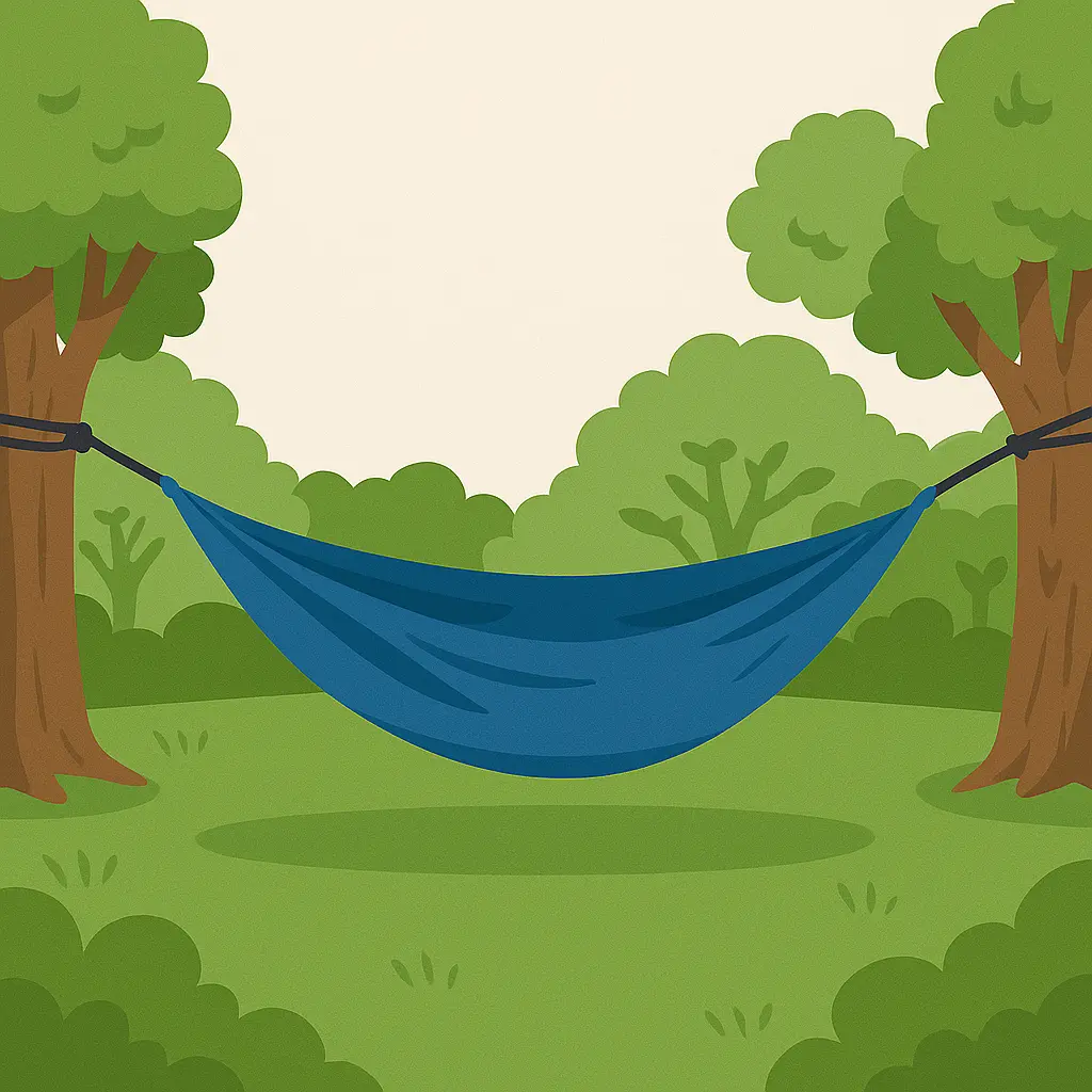 木を保護する幅広ストラップでハンモックを張った様子を描いたイラスト