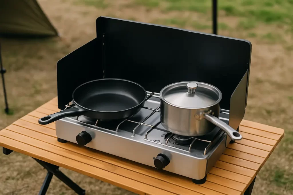 キッチンテーブル上にツインバーナーを設置し、フライパンと鍋を並べた俯瞰の写真。周囲に十分なスペースを確保した安全な配置例