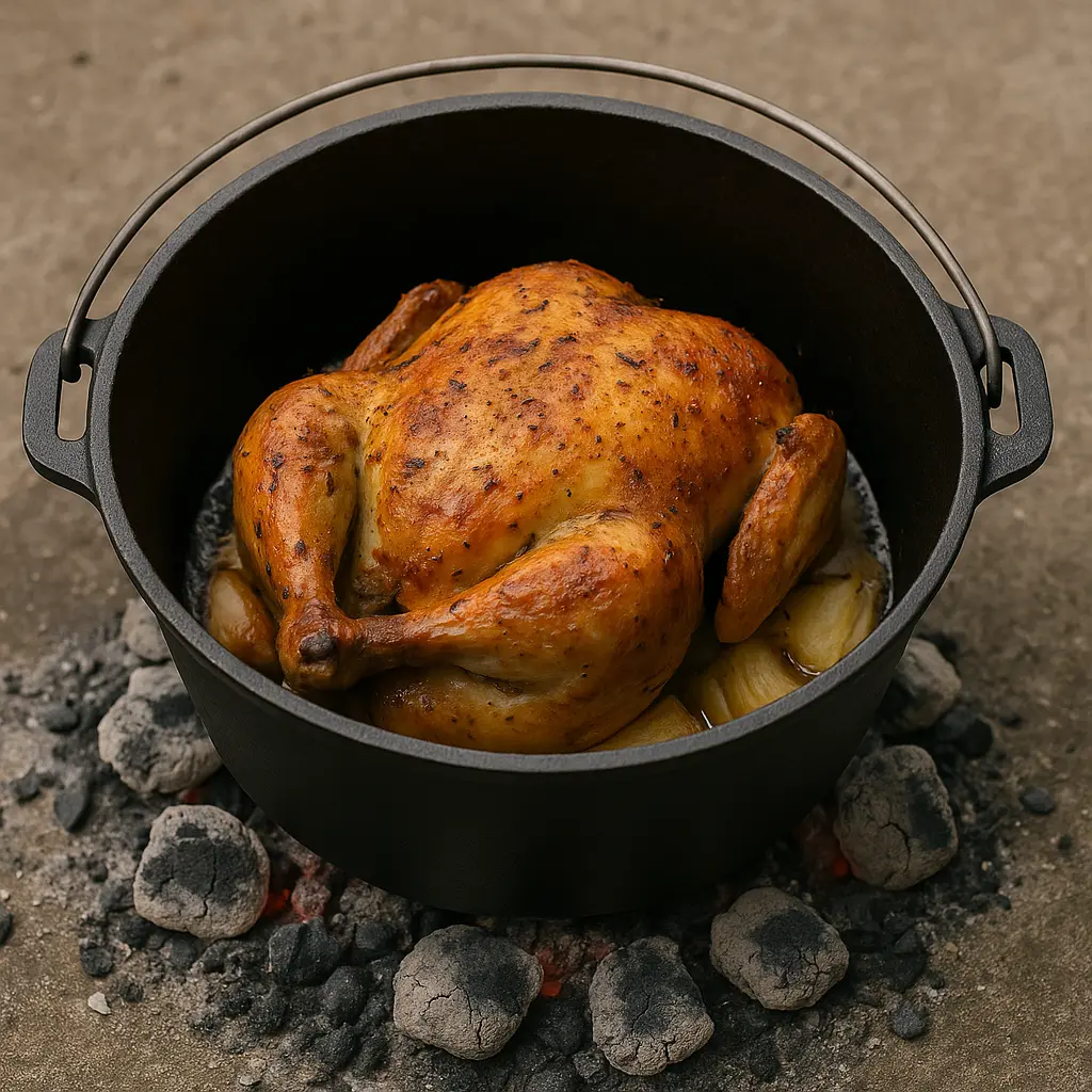 丸鶏のローストが入ったダッチオーブンを上から撮影した写真