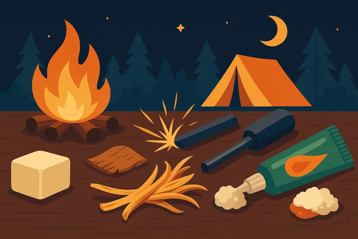 固形着火剤とジェル、ファイヤースターター（ファイヤースチール）、ワセリン綿や白樺樹皮などキャンプの着火剤を並べた横長のフラットイラスト（文字なし）。