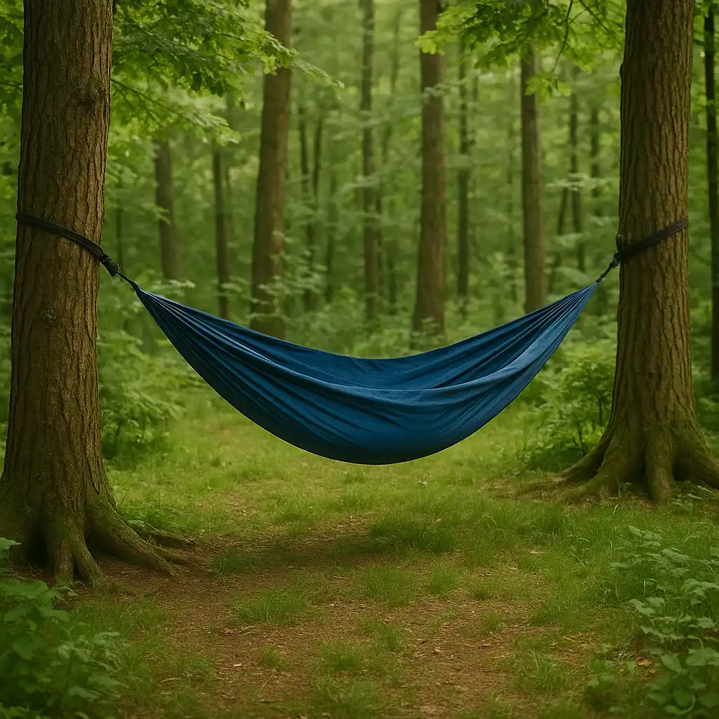森の空き地に設営されたキャンプ用ハンモック。幅広ストラップで木に固定されている写真風イメージ（文字なし）