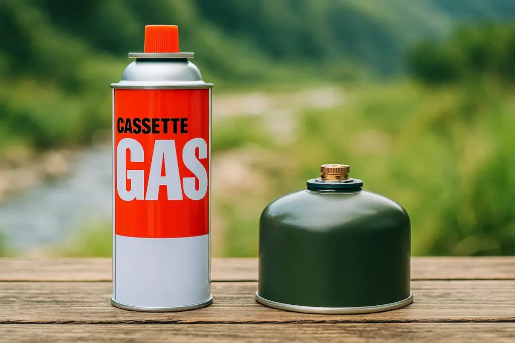 CB缶とOD缶の比較写真。左は一般的な家庭用カセットガス缶(CB缶)、右は登山・冬季向けのアウトドア缶(OD缶)。