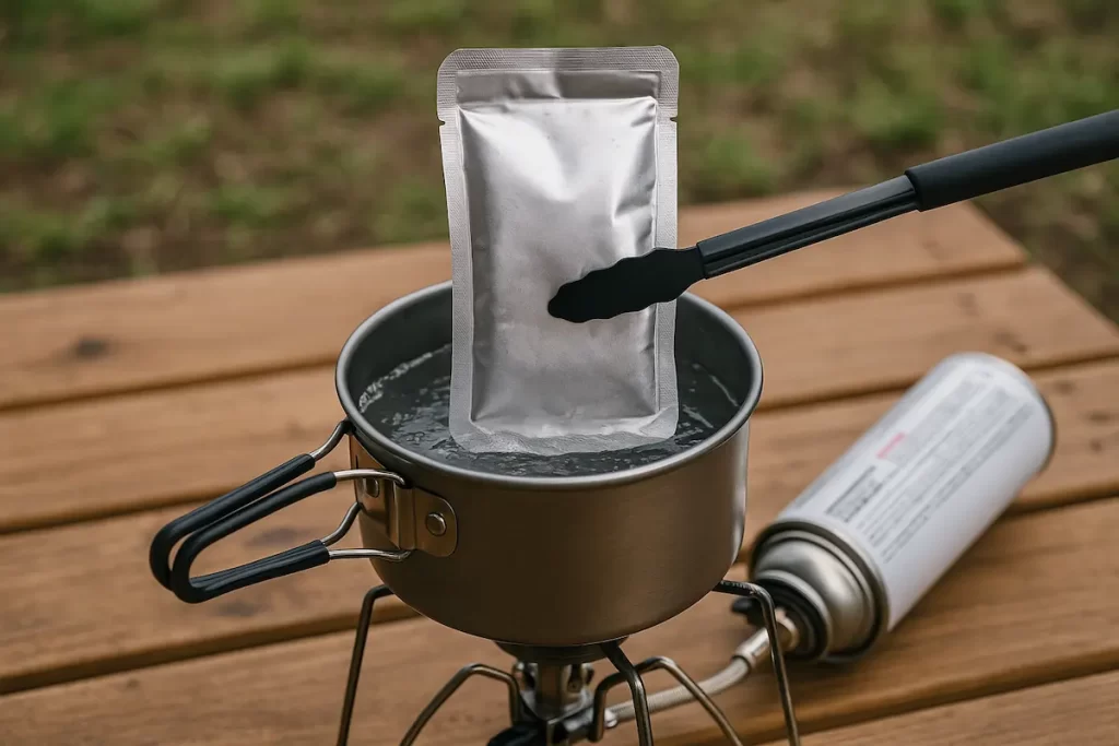 小型バーナー＋深型クッカーの中で、レトルトパウチを湯煎している様子。トングで袋を押さえている。