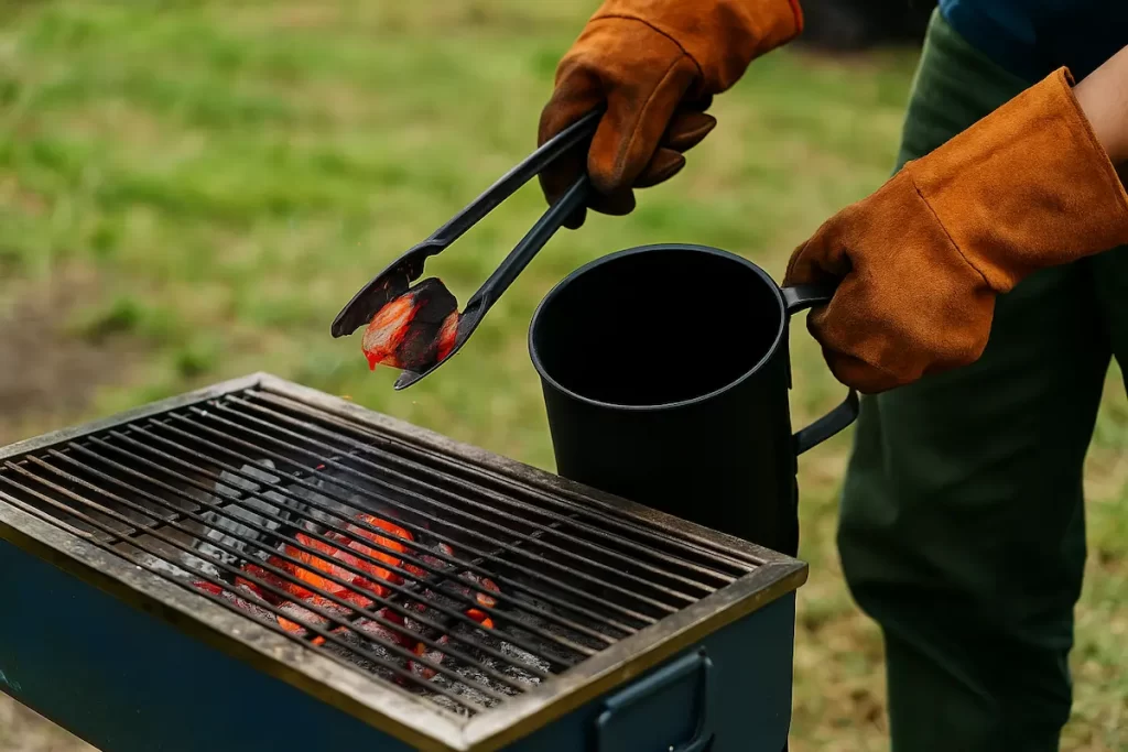 屋外のバーベキューグリルで調理中、隣には蓋を開けた火消し壺が置かれており、赤熱した炭を投入しようとしている様子