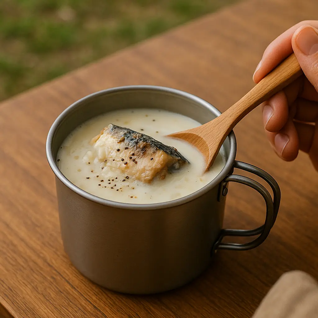 スチールマグに白いスープ、サバの切り身が見え、黒胡椒が散っている。横にスプーン。