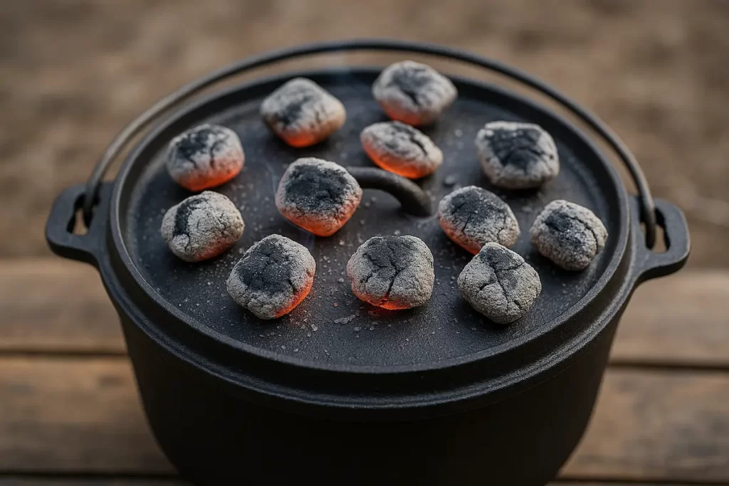 ダッチオーブンのフタに炭を載せて上火をつくる様子