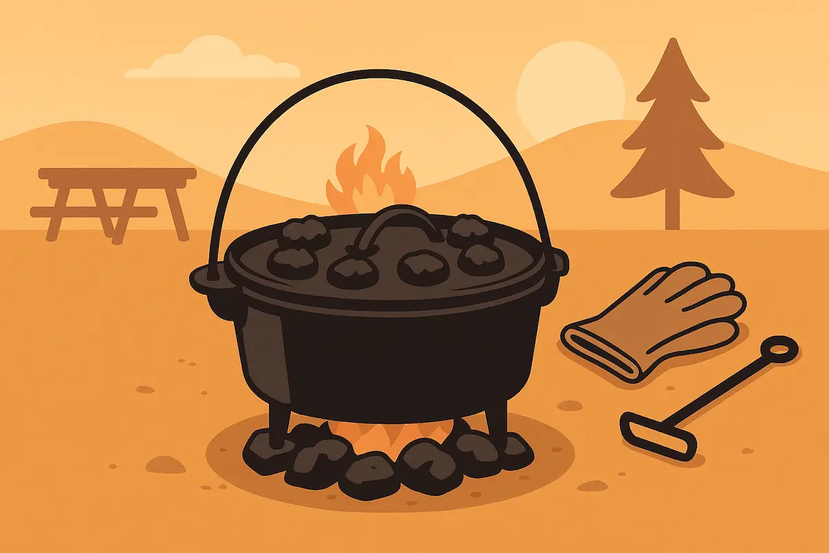 キャンプのテーブルに置かれたダッチオーブンと調理ツールのミニマルなイラスト