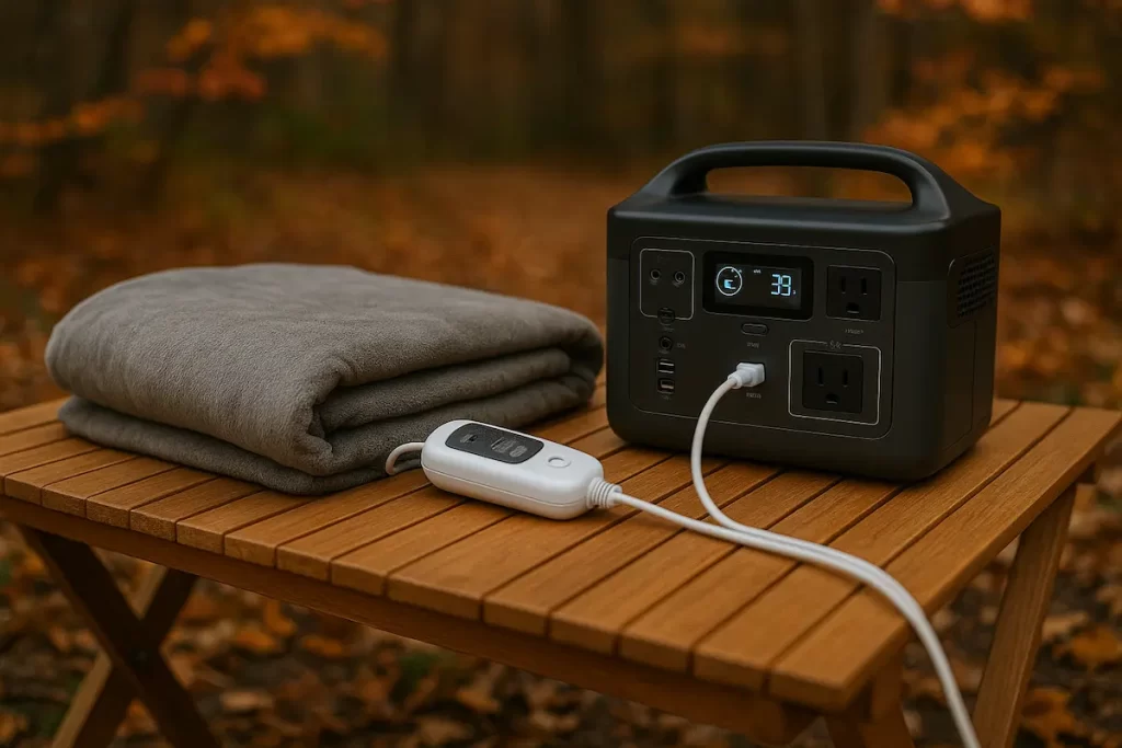 木製テーブルの上にポータブル電源と折りたたまれた電気毛布が置かれ、コントローラーが接続されている。周囲は紅葉に囲まれた静かな秋のキャンプ場。