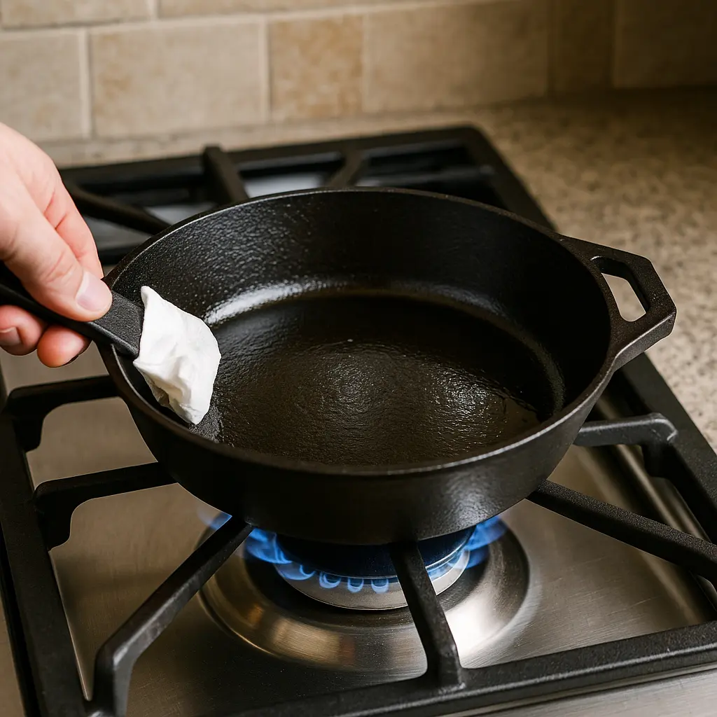 シーズニングのために油を塗ったダッチオーブンを加熱している様子