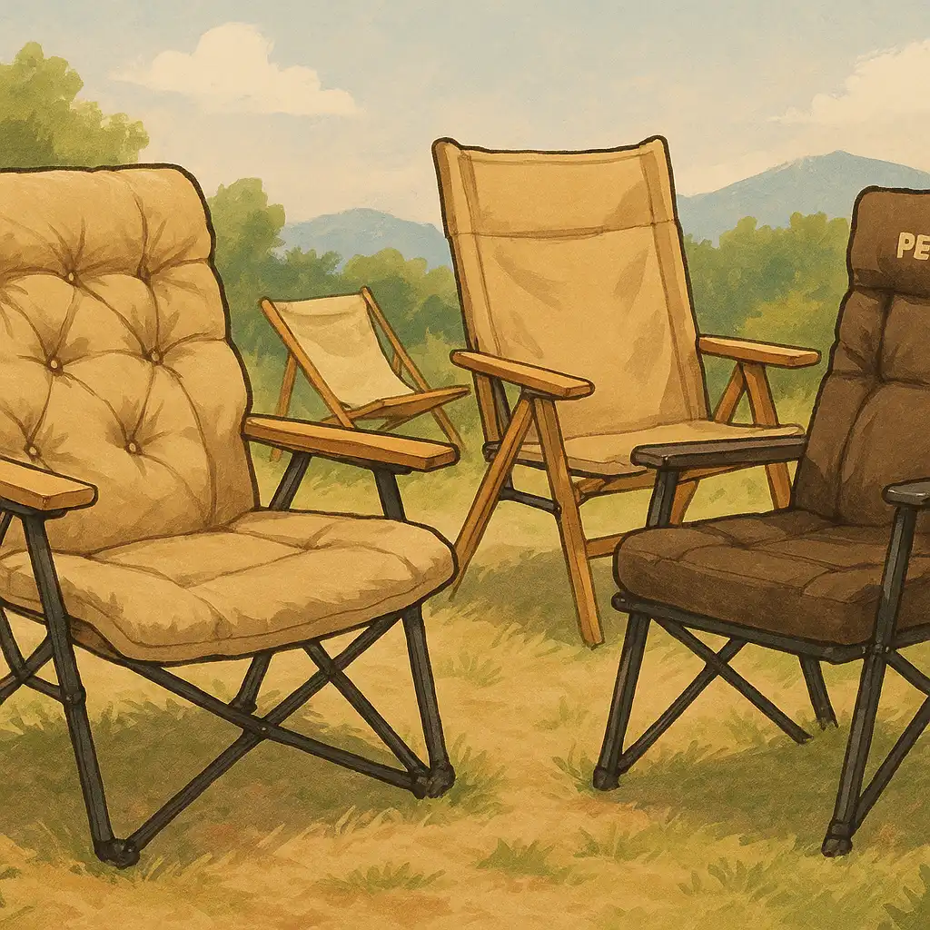 ラグジュアリーなキャンプチェアが4脚、森の中のウッドデッキ上に並べられているイラスト。背もたれが高く、クッション付きのチェアが中心で、自然の中でも快適さを重視したキャンプスタイルが表現されている。