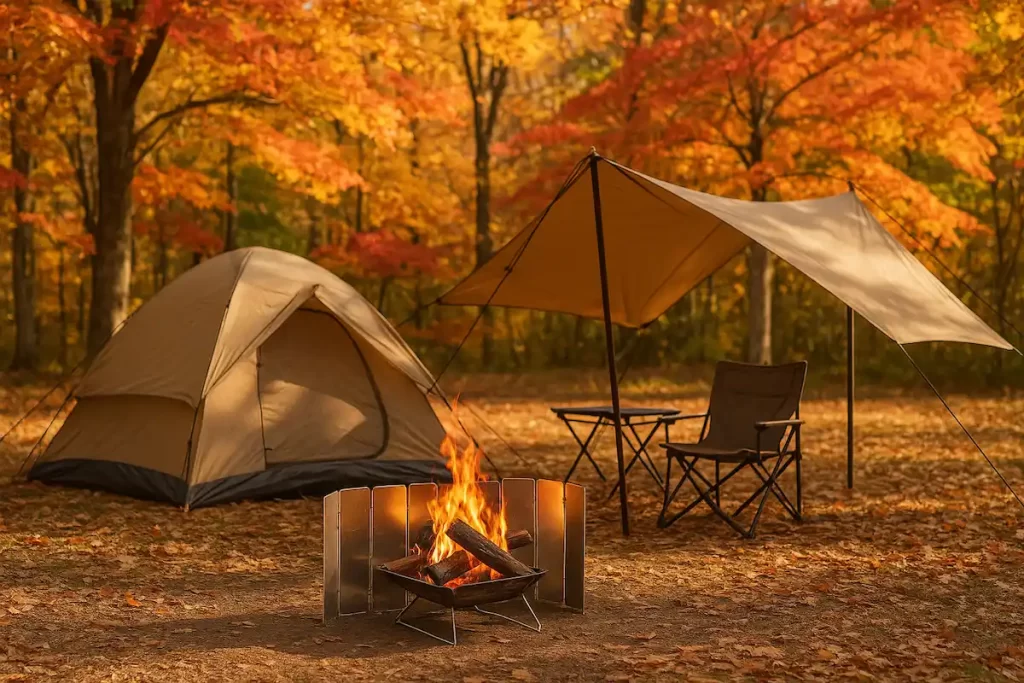 秋の紅葉に囲まれたキャンプ場で、テントとタープが張られ、焚き火台と風防が設置されたサイト全体の様子。日差しが差し込む明るい雰囲気の中、快適な秋キャンプの設営例を写している。