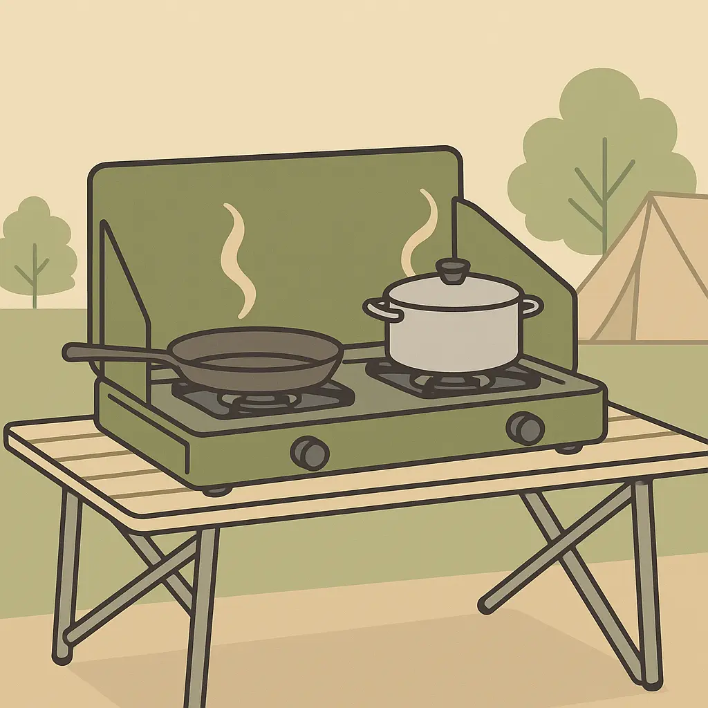 木製テーブル上のツインバーナーでフライパンと鍋を同時加熱している様子。風防付き本体の後ろにテントと木々が見えるキャンプ場のイラスト。