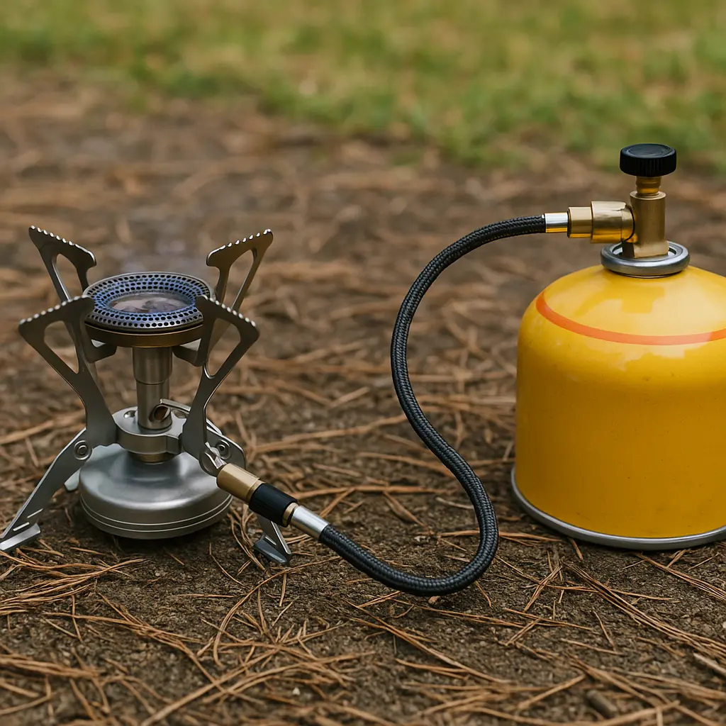分離型シングルバーナーがホースでOD缶と接続され、地面に安定して設置されている