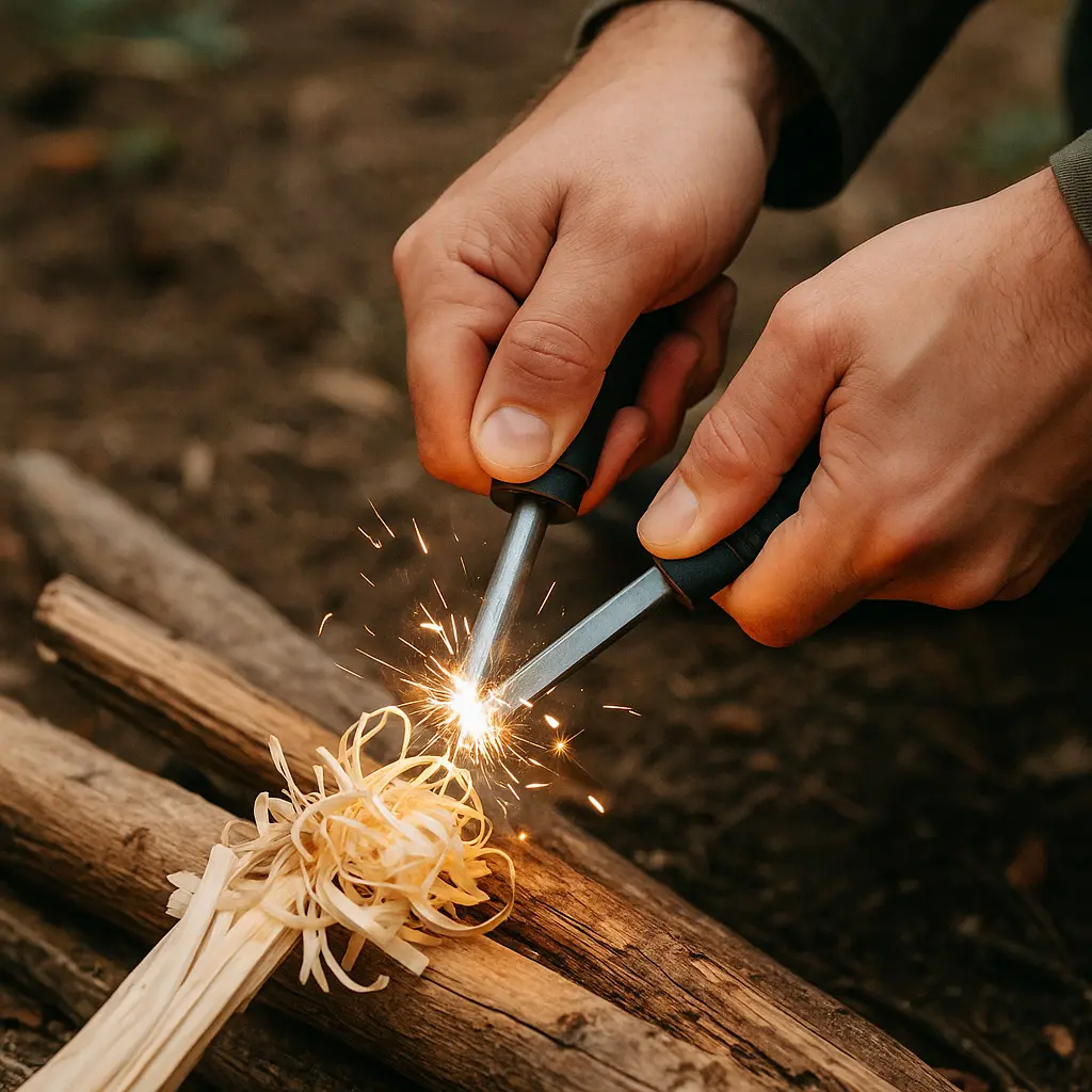 キャンプでファイヤースターターを使い、ストライカーで火花を飛ばして着火している手元のクローズアップ写真