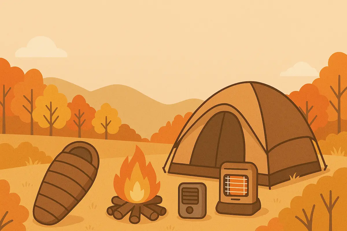 秋の紅葉に囲まれたキャンプサイトに、テント、焚き火、寝袋、ポータブルヒーターが並ぶ様子を描いたイラスト。寒さ対策が整った快適な秋キャンプの雰囲気を表現している。