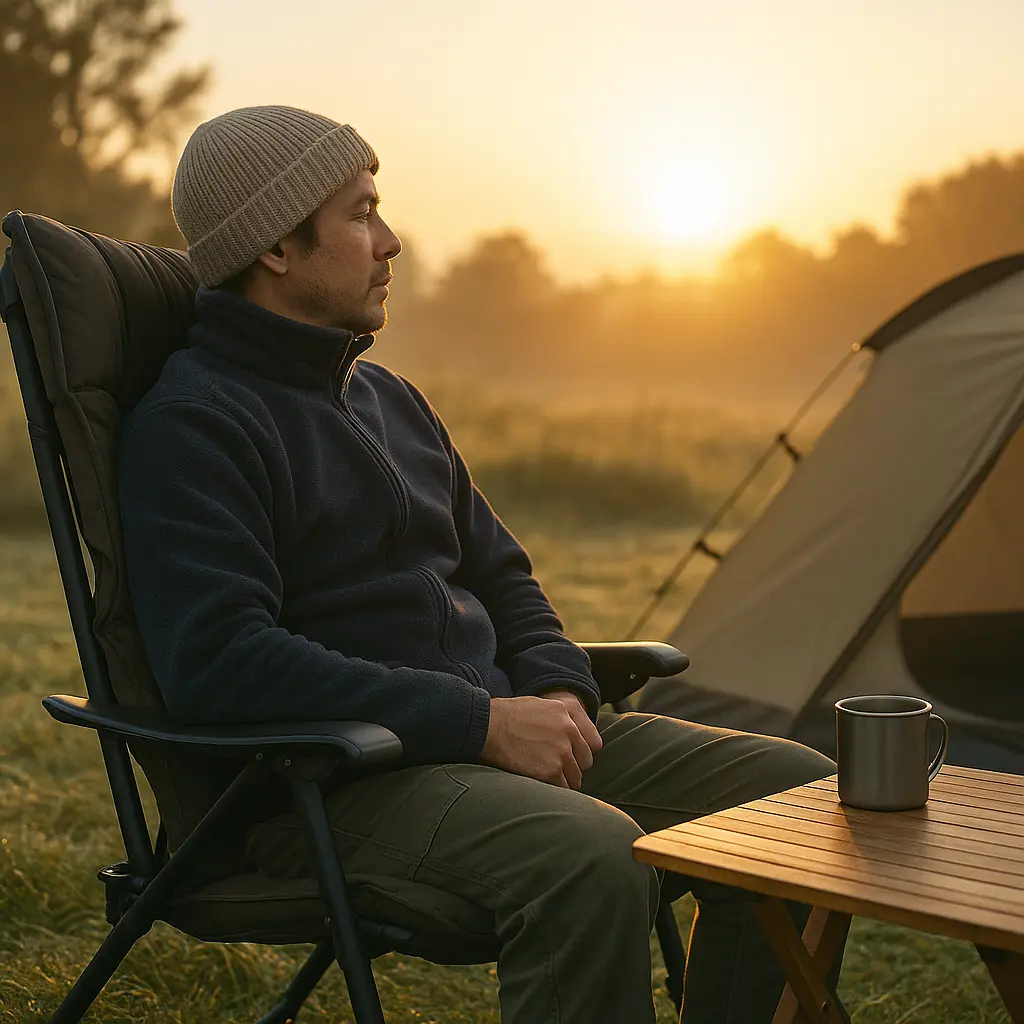朝の柔らかな陽ざしが差し込むキャンプサイトで、木製テーブルの上に置かれたカップとチェアが並ぶ静かな風景。人物はチェアに座っている、自然の中でゆったりとした時間を過ごしている様子が感じられる構図。