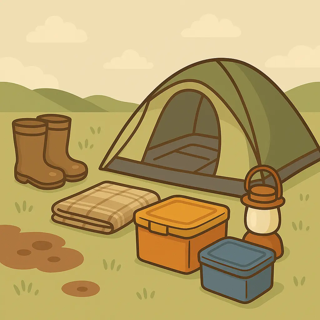 イラスト風のキャンプシーン。朝の撤収作業中で、テントの入口が開いて乾燥させてあり、横にはキャンプ用の収納ボックス、折り畳まれたマット、ブーツ、ランタンが並べられている。