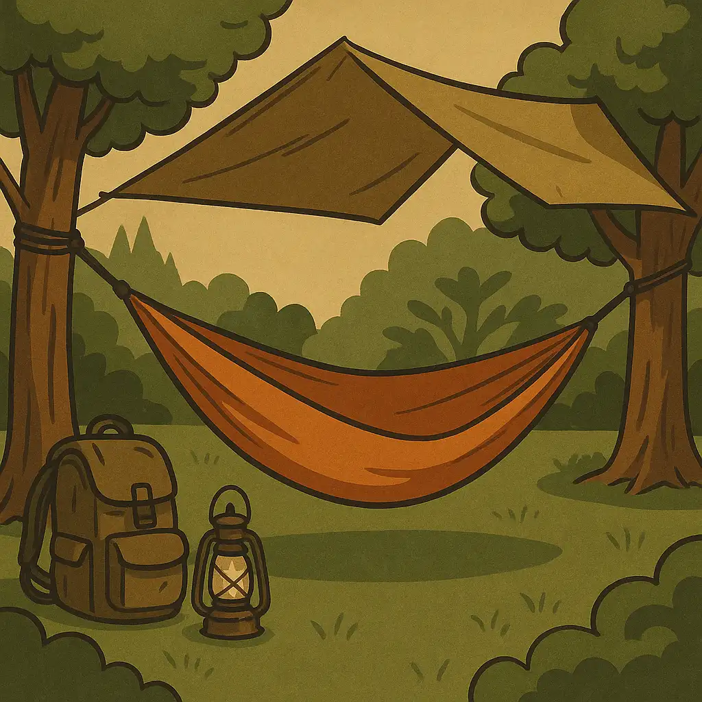 森の中に張られたハンモック。横にリュックとランタンが置かれ、快適なキャンプシーンを描いたイラスト（文字なし）