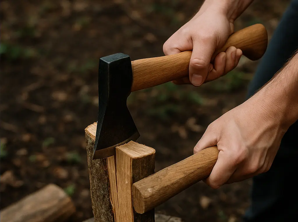 切り株の上で太い薪にハチェットを打ち込み、木の棒で叩いてバトニングしている様子。キャンプでの薪割りシーンを捉えた写真。
