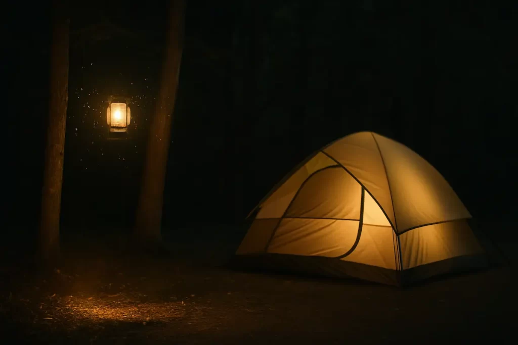夜の森のキャンプサイト。右側に暖かい光を放つドーム型テントがあり、左側の木に吊るされたランタンが強く輝き、周囲に虫が集まっている様子が写っている。