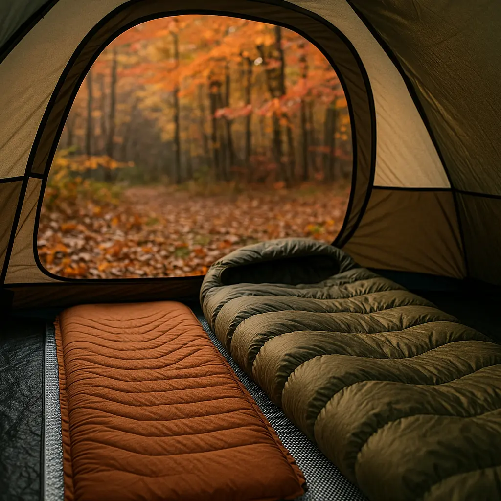 テント内に銀マットとインフレーターマットを敷き、マミー型寝袋が設置された就寝スペース。テントの開口部からは紅葉した林道が見え、秋の静かな夕暮れを感じさせる構図。