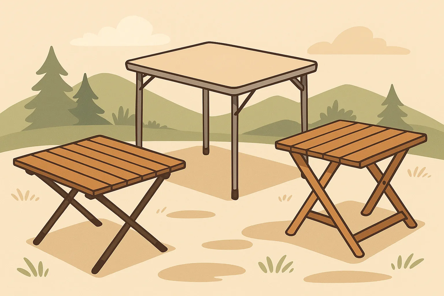 ロースタイル・ハイスタイル・折りたたみ式のキャンプテーブルが並ぶイラスト風画像