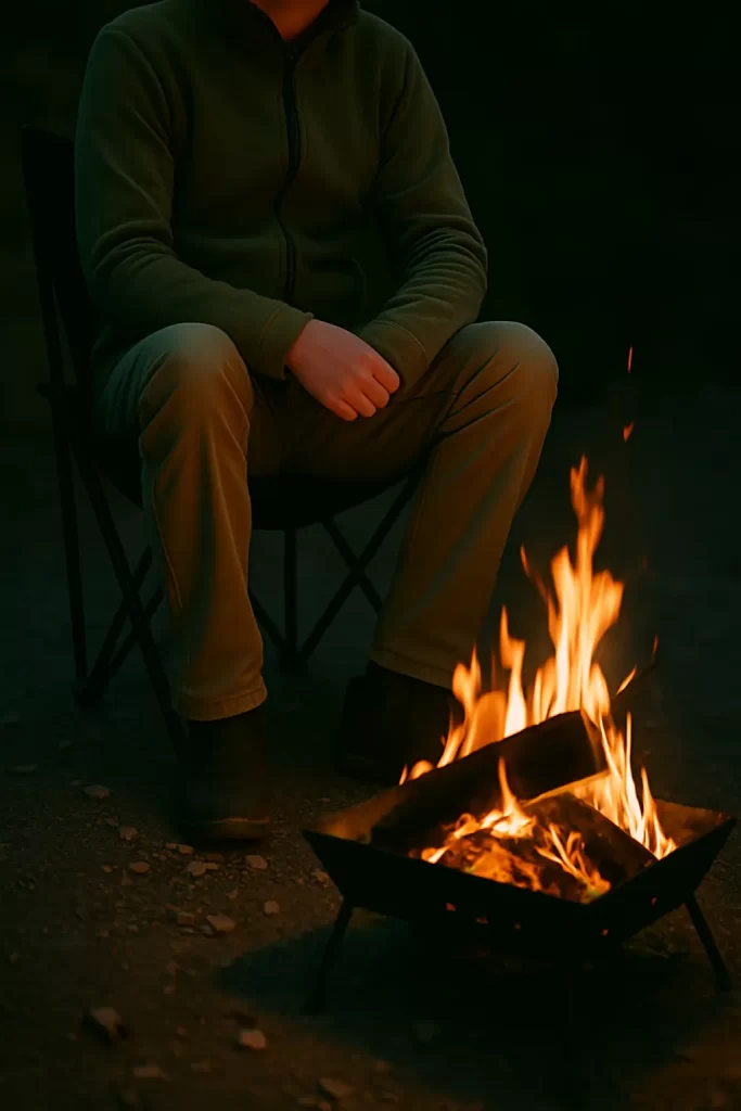 焚き火台の前にチェアでくつろぐ様子。夜の屋外で炎を楽しむシーン