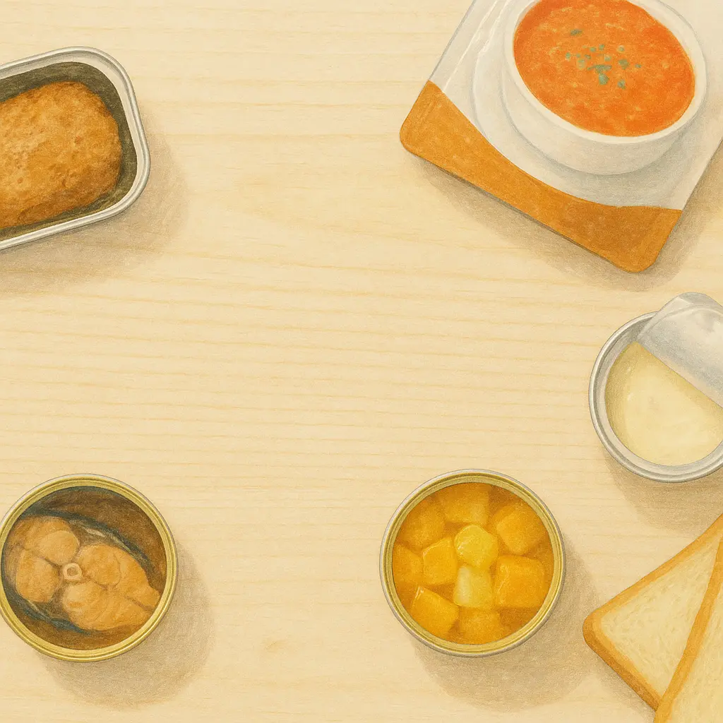 木製テーブルの上に並べられた缶詰やレトルト食品、スープや果物缶、パンなどを描いたイラスト風のキャンプ飯シーン