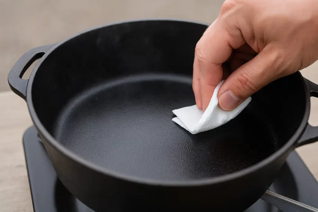 加熱後に薄く油を塗ってダッチオーブンを手入れする様子