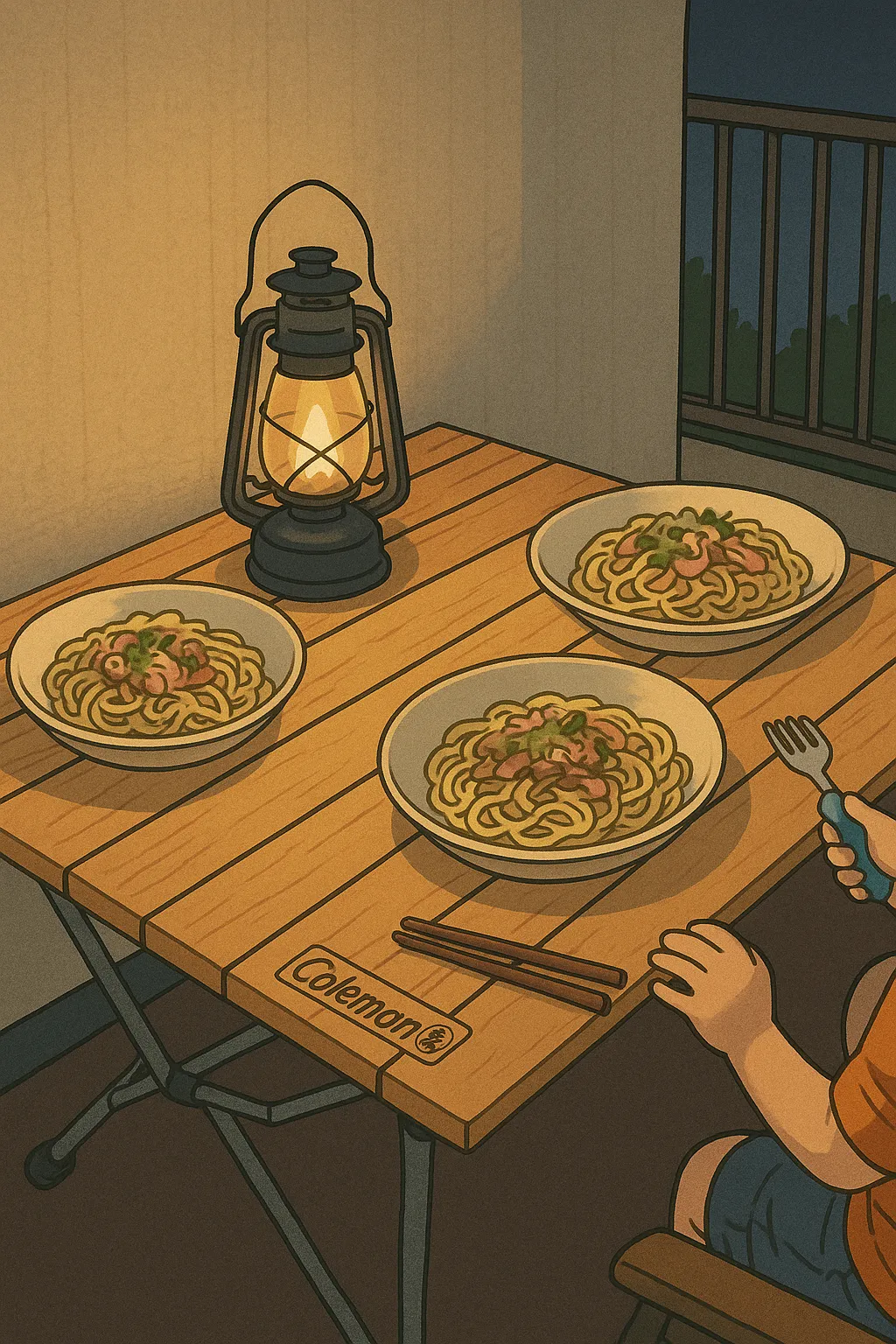 ラスト風のデジタル画像。コールマンの木製ロールテーブルがベランダに設置されている様子を描写。ナチュラルな木目調の天板と金属製の脚部が描かれ、アウトドアや自宅での使用を想起させる構図。