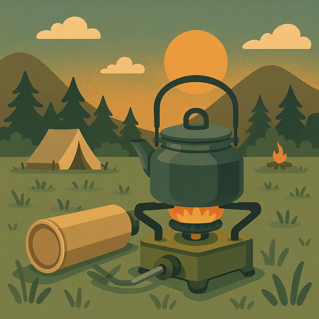 キャンプ場のテーブル上でシングルバーナーを使って調理している様子を描いたイラスト。周囲には調理道具やコップが置かれ、自然の中での自炊シーンを表現している。