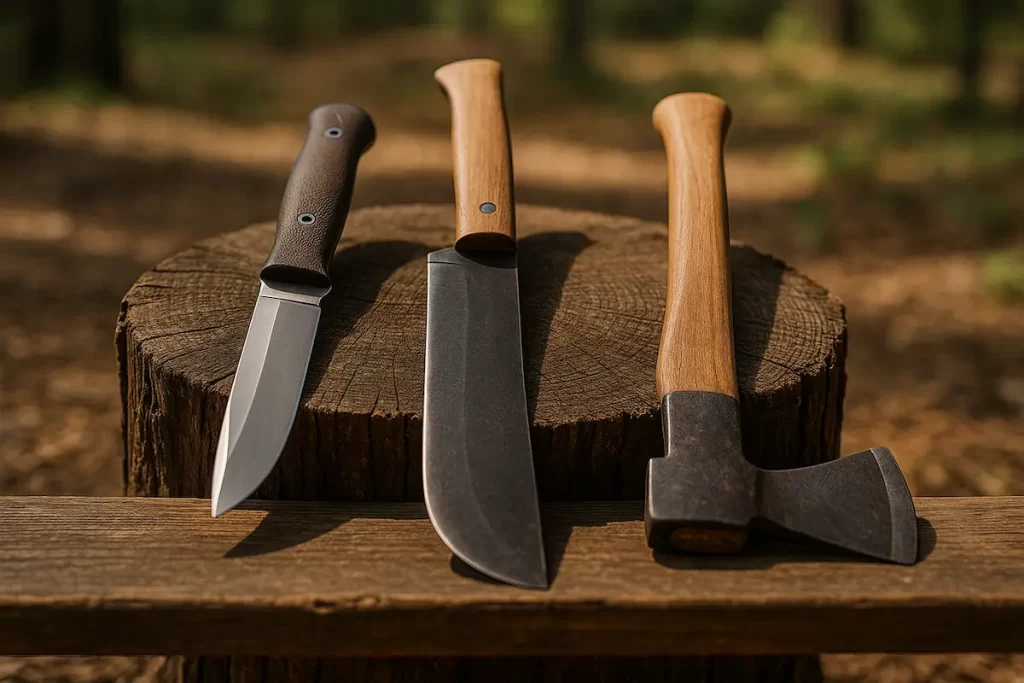 切り株の上にナイフ・ナタ・斧が横向きに整然と並べられている写真。自然光の中でアウトドア用刃物のディテールがわかる構図。