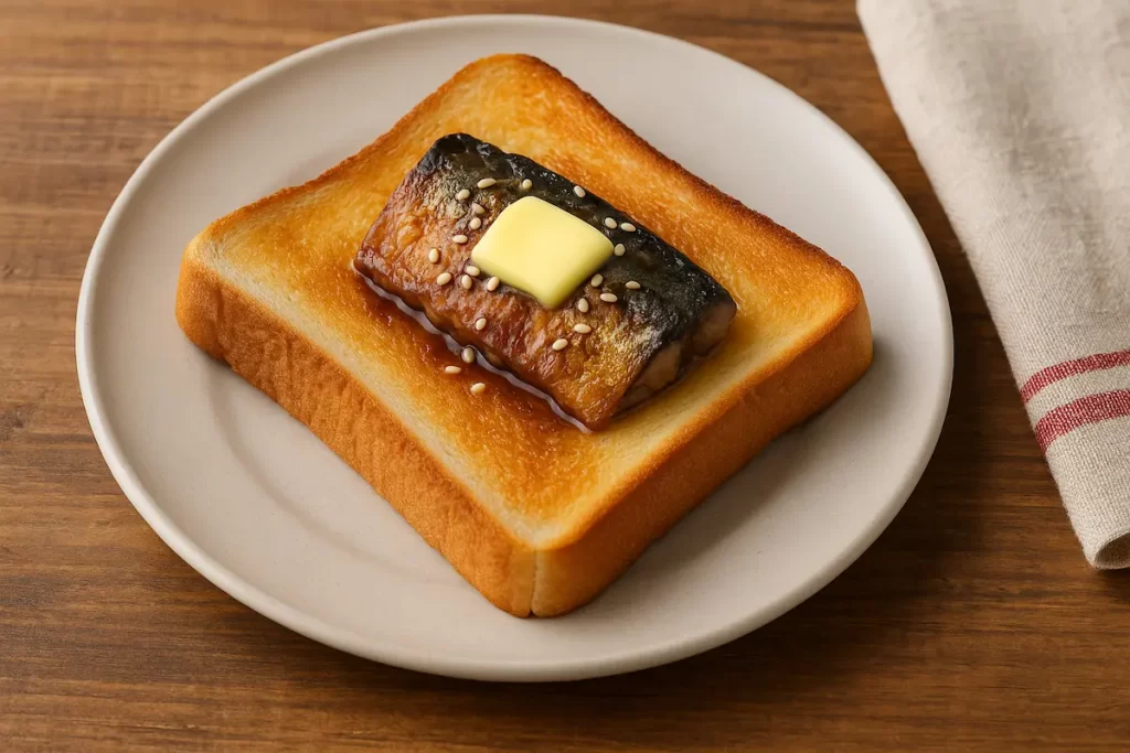 焼き色のついた食パンの上にほぐしたサバとバターがのり、醤油が軽くかかっている。
