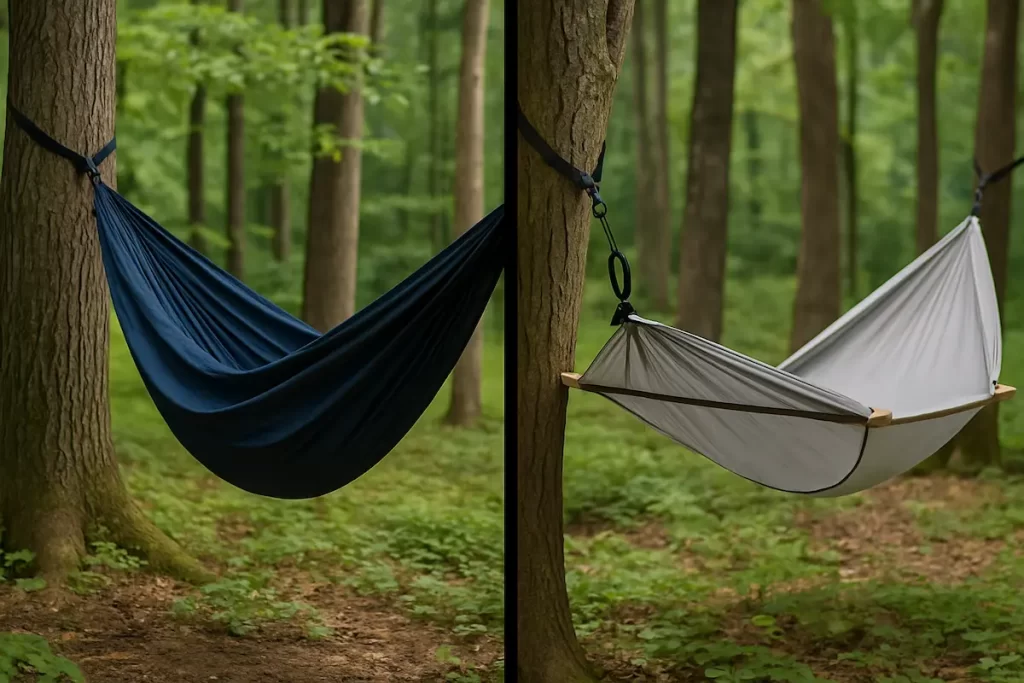 左右に分割された比較写真。左は両端が絞られたギャザーエンドハンモック、右はスプレッダーバーで広げられたブリッジハンモック。林間に設営された様子を写した写真風イメージ（文字なし）