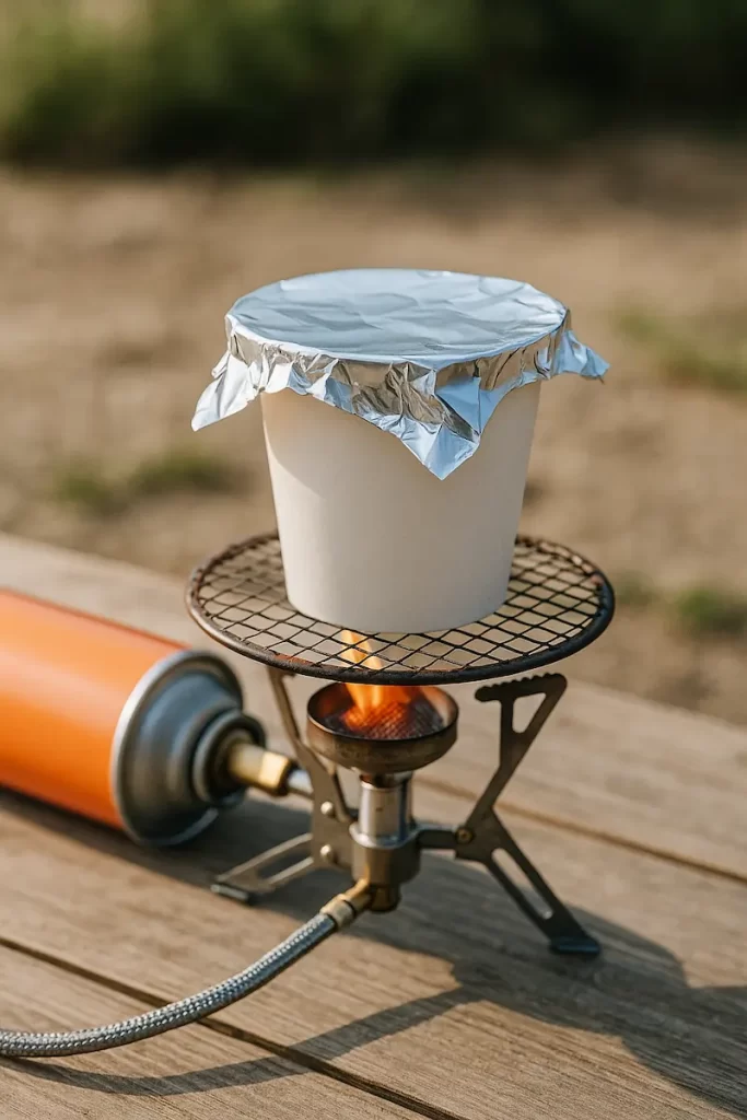 屋外の木製テーブル上で小型バーナーに金網トリベットを置き、アルミホイルでフタをした紙コップを加熱している様子。炎は紙に直接当たらず、安全に紙コップ炊飯を行っている。