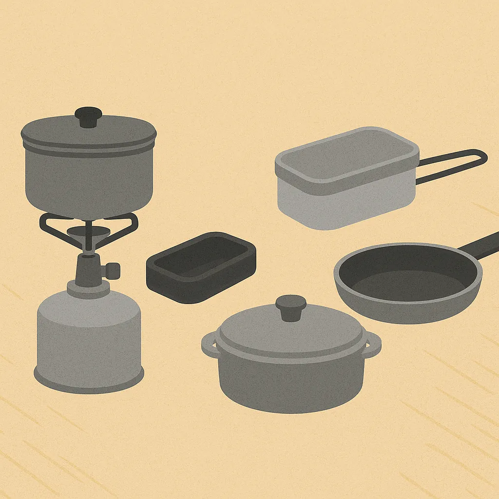 クッカー、メスティン、鍋、フライパン、キャンプ用バーナーが並ぶイラスト