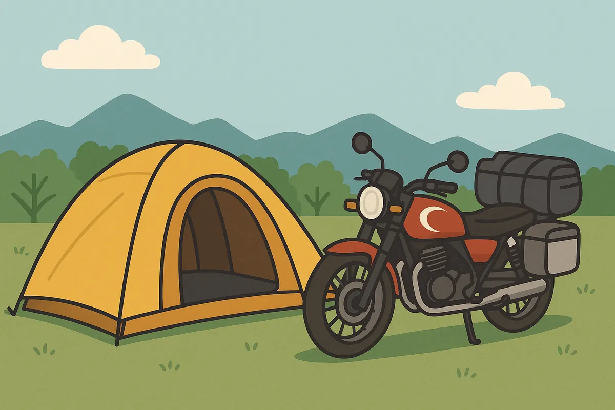 イラスト風のキャンプ風景。黄色いドーム型テントの隣に赤と黒のツーリングバイクが芝生の上に停まっており、背景には山と青空が広がる。