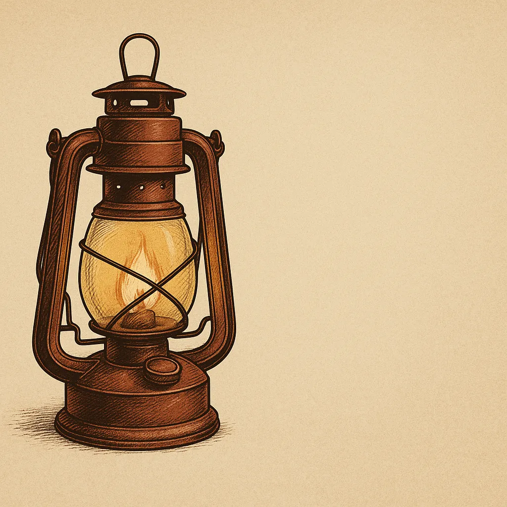 アンティーク調のオイルランタンが温かく灯る、ベージュ背景のイラスト。無骨キャンプの雰囲気を演出するデザイン。