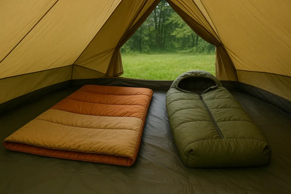 テント内に並べられた封筒型とマミー型の寝袋を比較する写真風イラスト