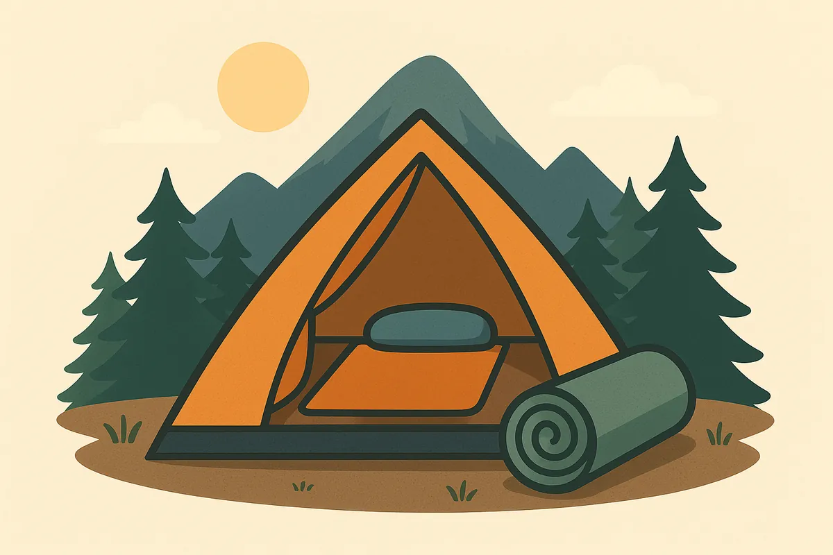 テントの内部にオレンジ色のマットと寝袋が見える、山間のソロキャンプイラスト