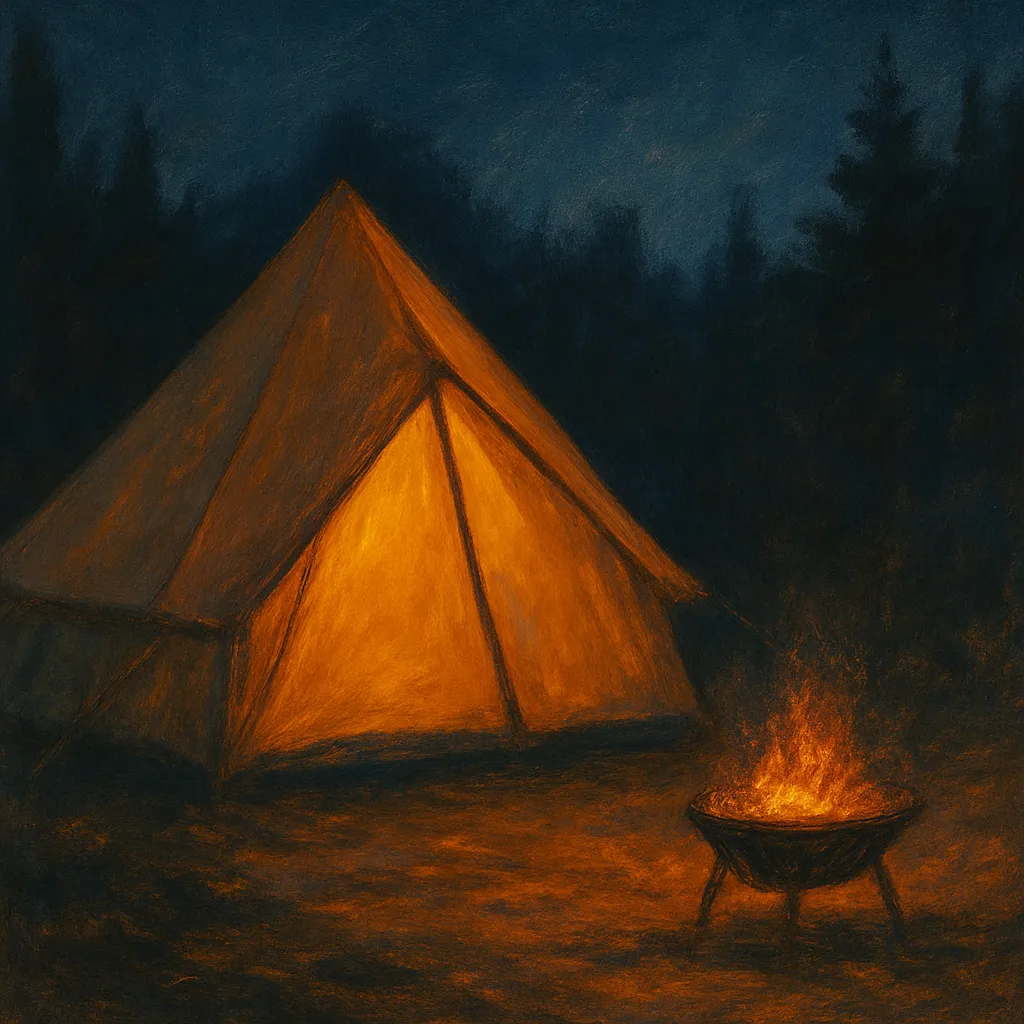 夜のキャンプシーンを描いたイラスト。外から見たテントと焚き火台が描かれ、熾き火の赤い光が雰囲気を演出している